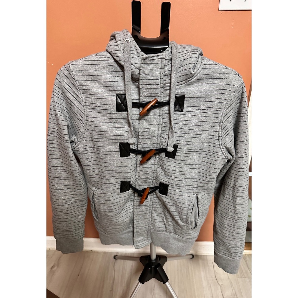 American Rag Gray Striped Sherpa Lined Hooded Toggle Button Jacket Small